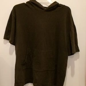 Moss green, hooded short sleeve shirt.